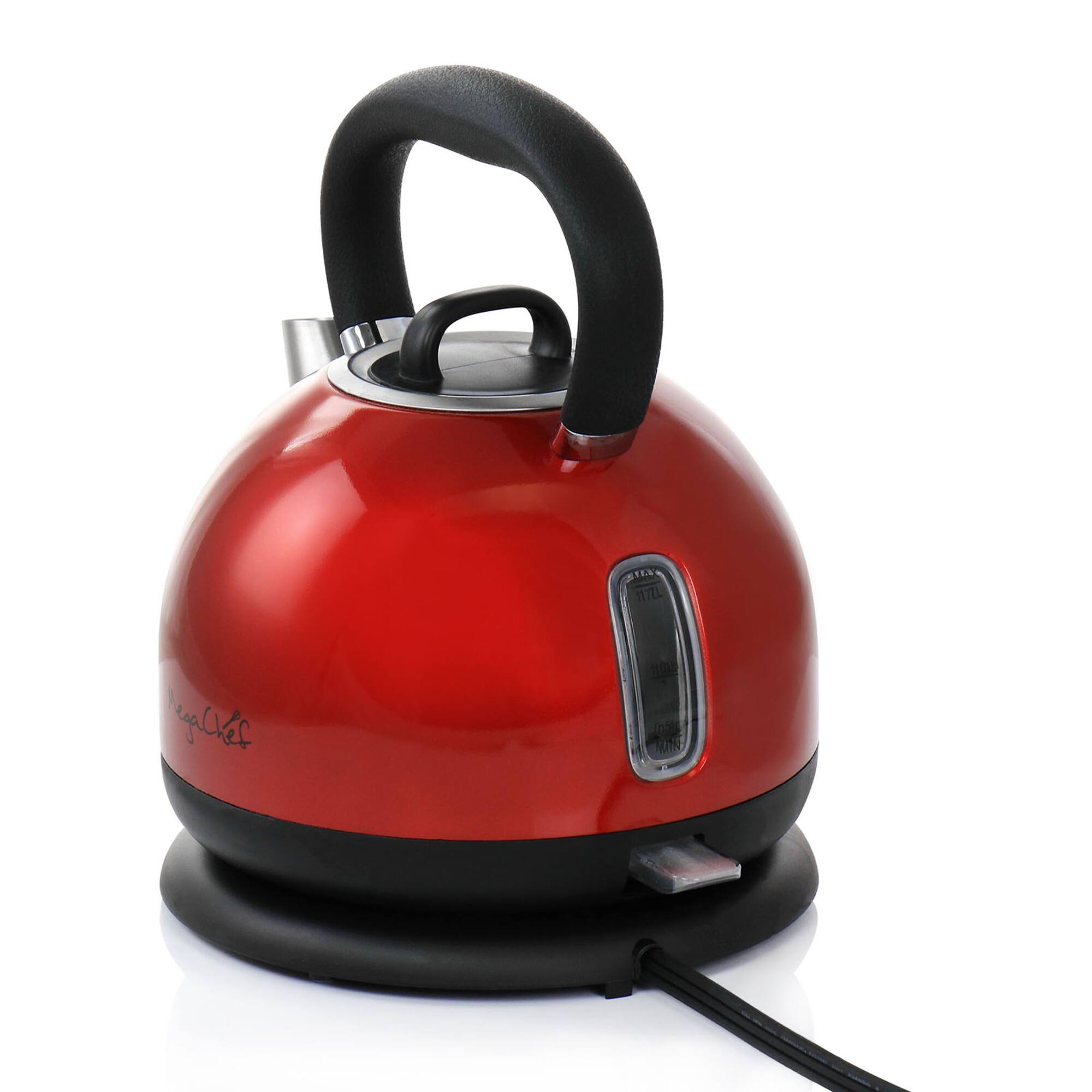 MegaChef 1.7L Red Cordless Half Round Electric Stainless Steel Tea Kettle